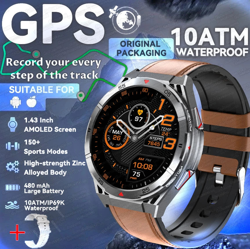 GPS Outdoor Smartwatch: 1.43" AMOLED, Heart Rate Monitor, Bluetooth Calling, IP69K Waterproof