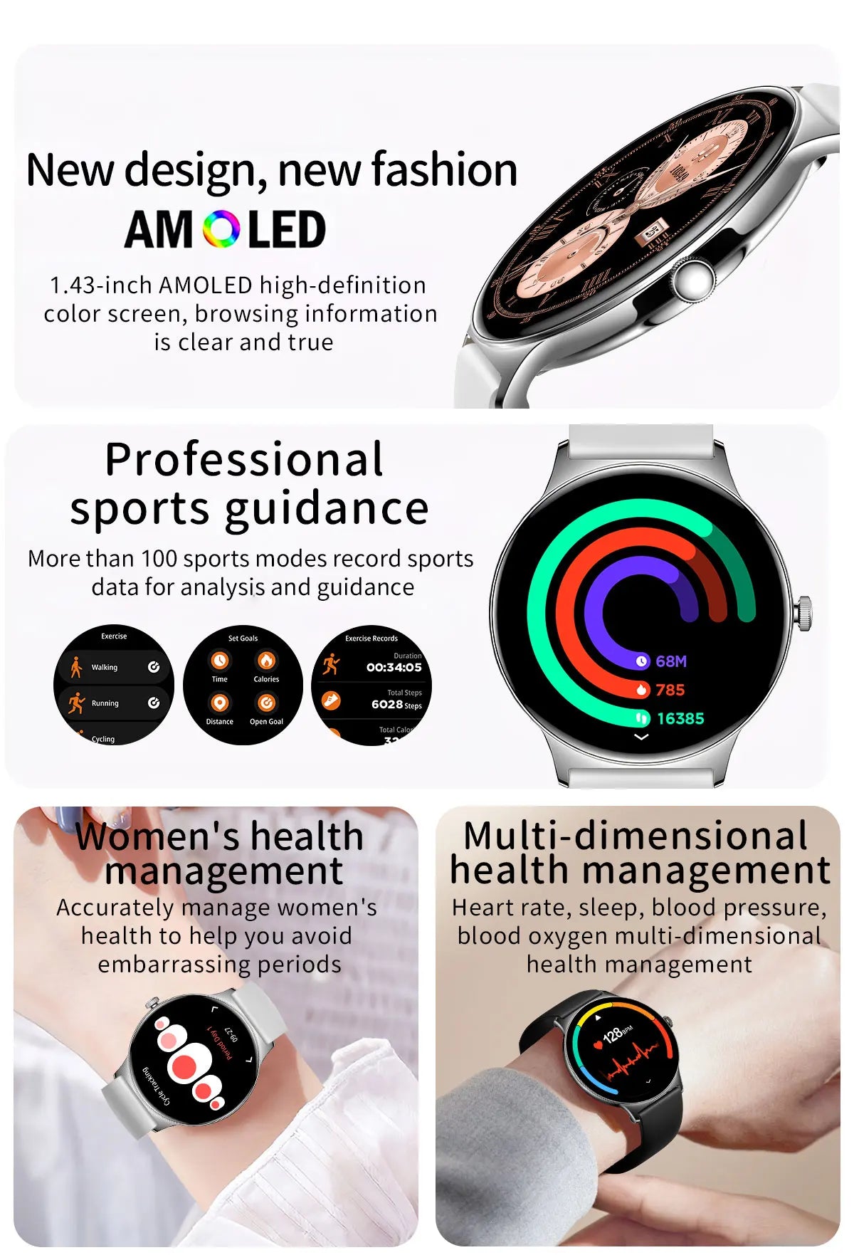 Ultra-Thin 1.43" Smart Watch HD AMOLED Screen Wireless Calling 100+ Sports Modes