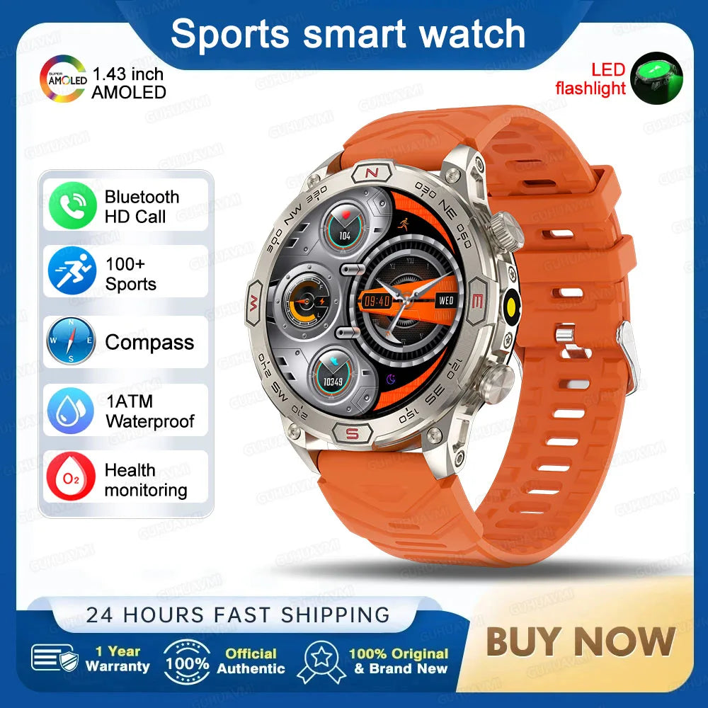 2025 Smart Watch - 1.43'' AMOLED, GPS, Fitness Tracker, BT 5.3, LED Lights, Compass