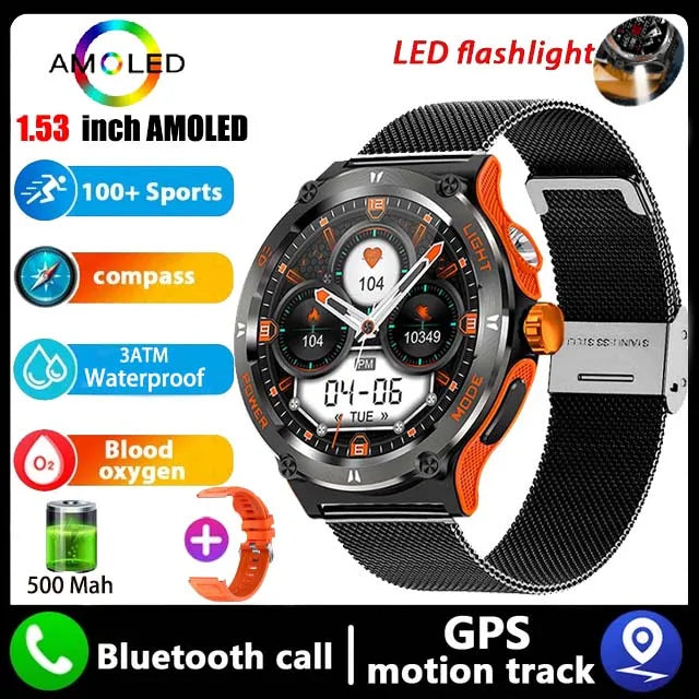 Rugged Military Smartwatch for Men: GPS, 500mAh Battery, Fitness Tracker, 3ATM Waterproof