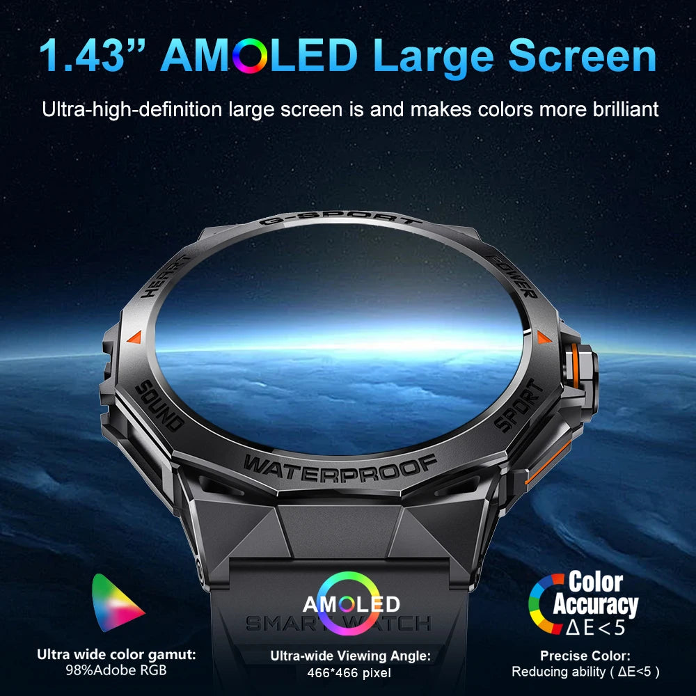 1.43” AMOLED Bluetooth Call Smart Watch for Men, Fitness Tracker, IP68 Waterproof