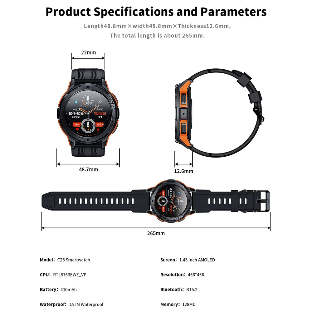1.43" AMOLED Bluetooth Call Smartwatch | Heart Rate, Waterproof, Fitness Tracking for Android & iOS