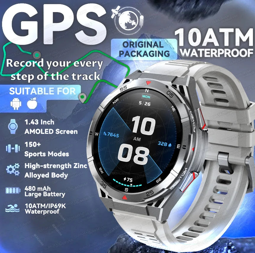 GPS Outdoor Smartwatch: 1.43" AMOLED, Heart Rate Monitor, Bluetooth Calling, IP69K Waterproof