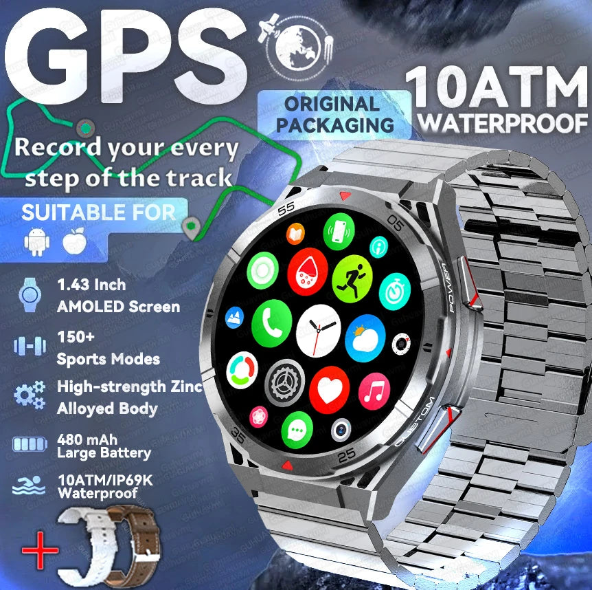 GPS Outdoor Smartwatch: 1.43" AMOLED, Heart Rate Monitor, Bluetooth Calling, IP69K Waterproof