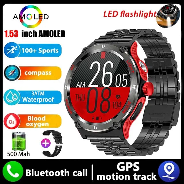 Rugged Military Smartwatch for Men: GPS, 500mAh Battery, Fitness Tracker, 3ATM Waterproof