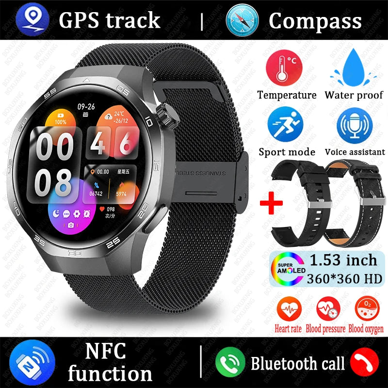 AMOLED Smartwatch for Men: Bluetooth Calls, NFC, GPS, IP68 Waterproof, 390x390 Display