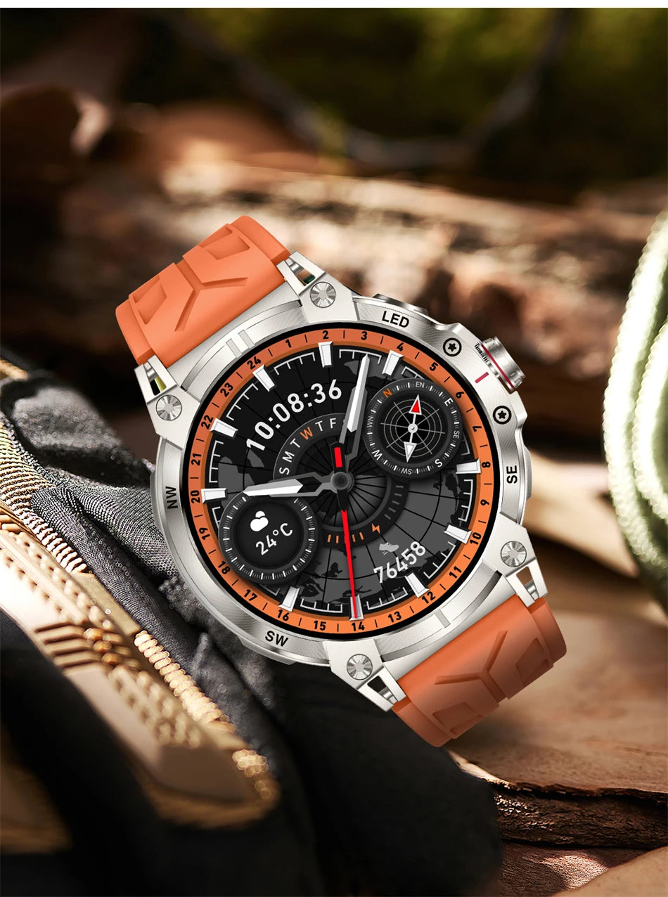 Military Smartwatch for Men - 760mAh, Compass, LED Flashlight, 1.8" HD, Waterproof