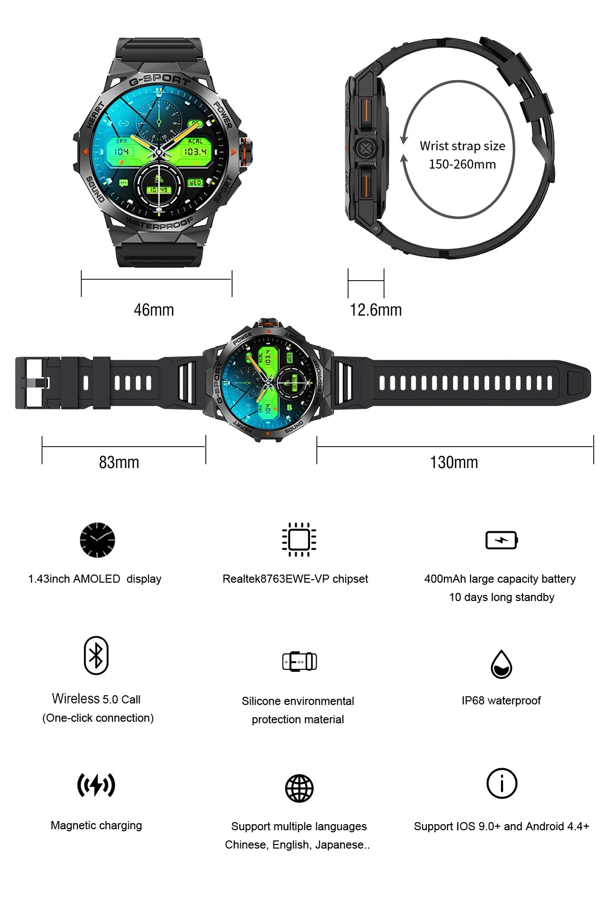 1.43" AMOLED Smart Watch for Men – Bluetooth Calls, Fitness Tracker, Heart Rate & Blood Pressure Monitor