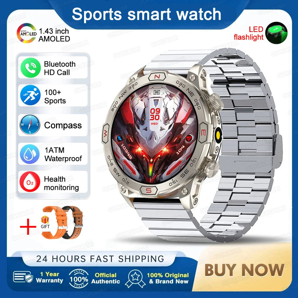2025 Smart Watch - 1.43'' AMOLED, GPS, Fitness Tracker, BT 5.3, LED Lights, Compass