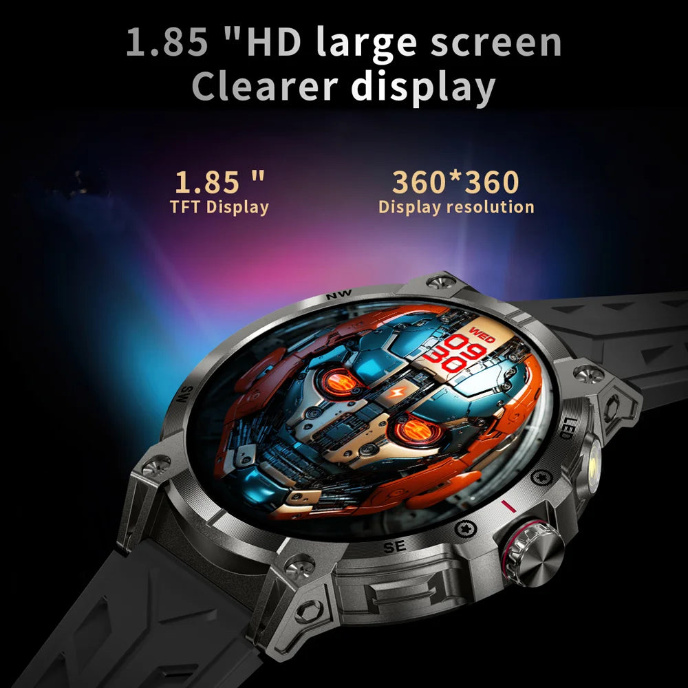 Military Smartwatch for Men - 760mAh, Compass, LED Flashlight, 1.8" HD, Waterproof