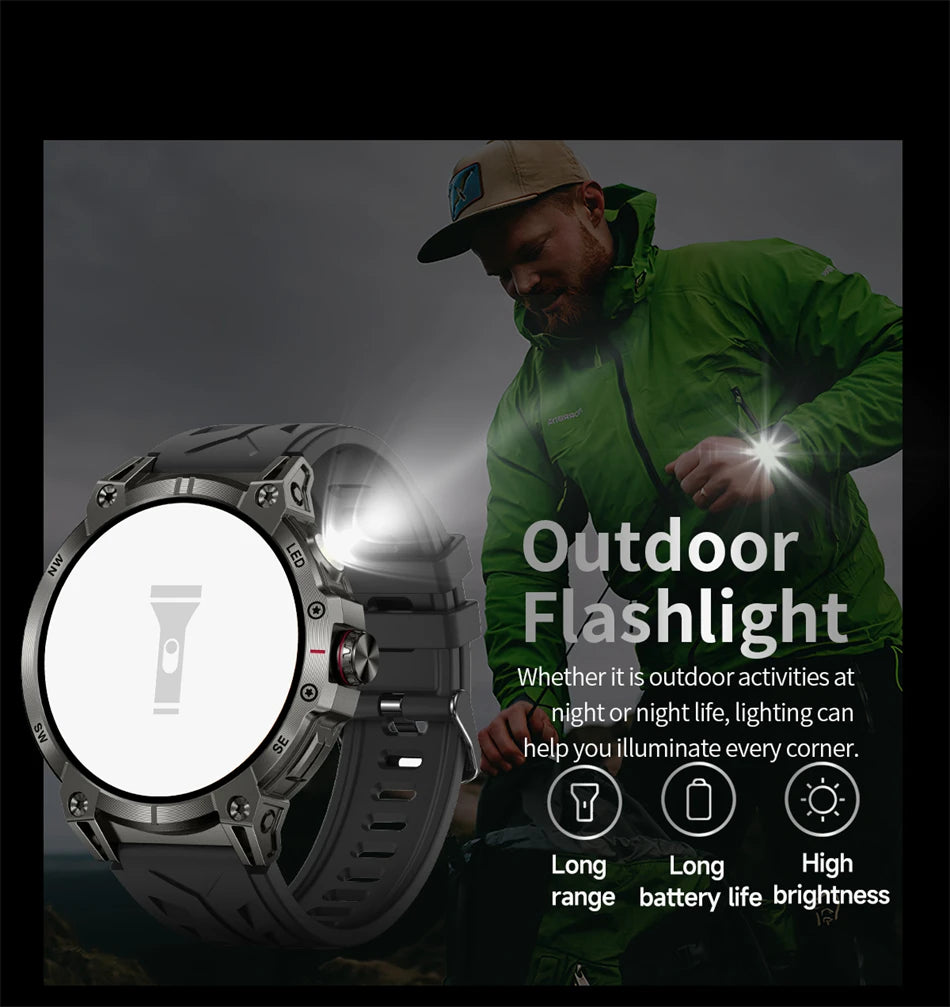 Military Smartwatch for Men - 760mAh, Compass, LED Flashlight, 1.8" HD, Waterproof