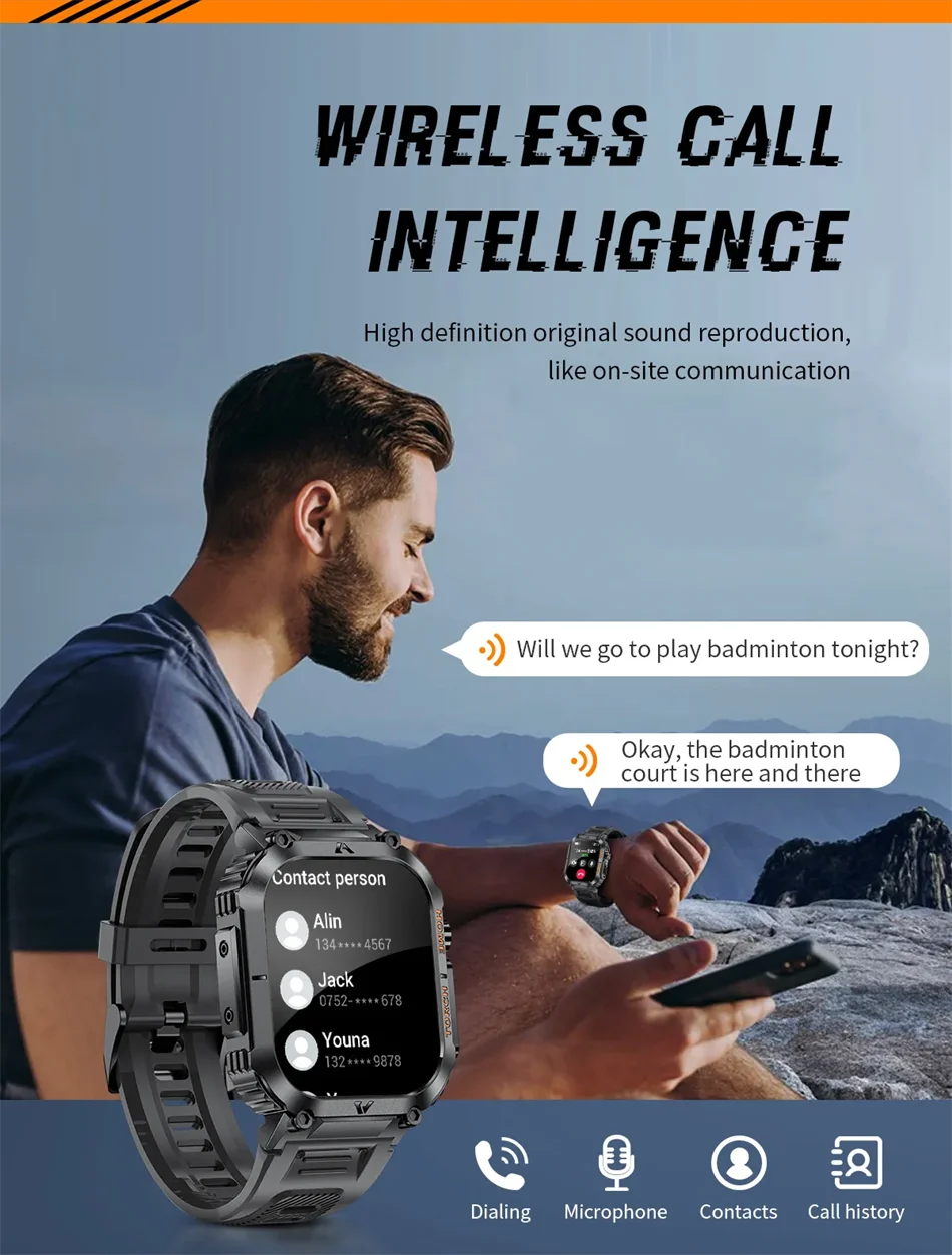 LIGE Military Men Smart Watch 2.02'' HD Screen LED Flashlight Compass Watches 3ATM Waterproof Outdoor Sports Smartwatch 2025 New