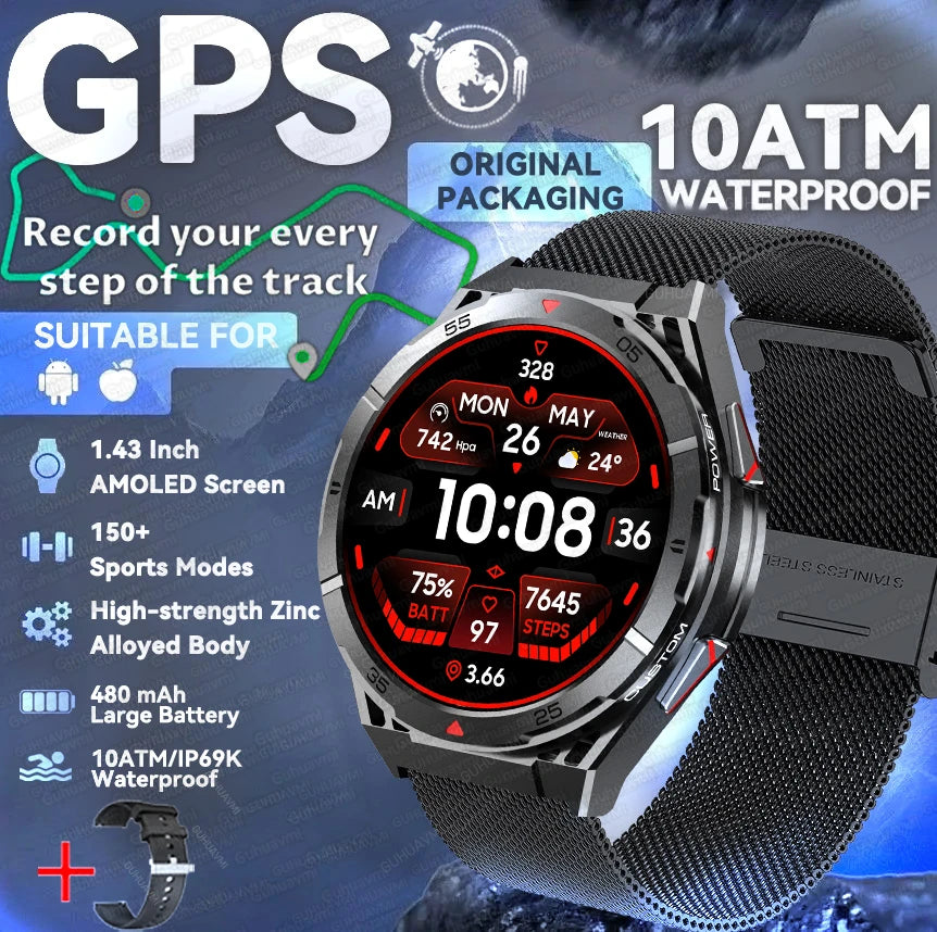 GPS Outdoor Smartwatch: 1.43" AMOLED, Heart Rate Monitor, Bluetooth Calling, IP69K Waterproof