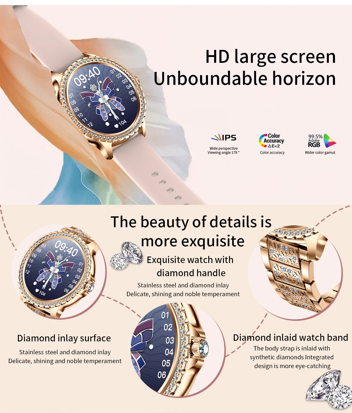 Gold Luxury Women's Smartwatch | 1.32" HD AMOLED Screen, Voice Call & Fitness Tracker