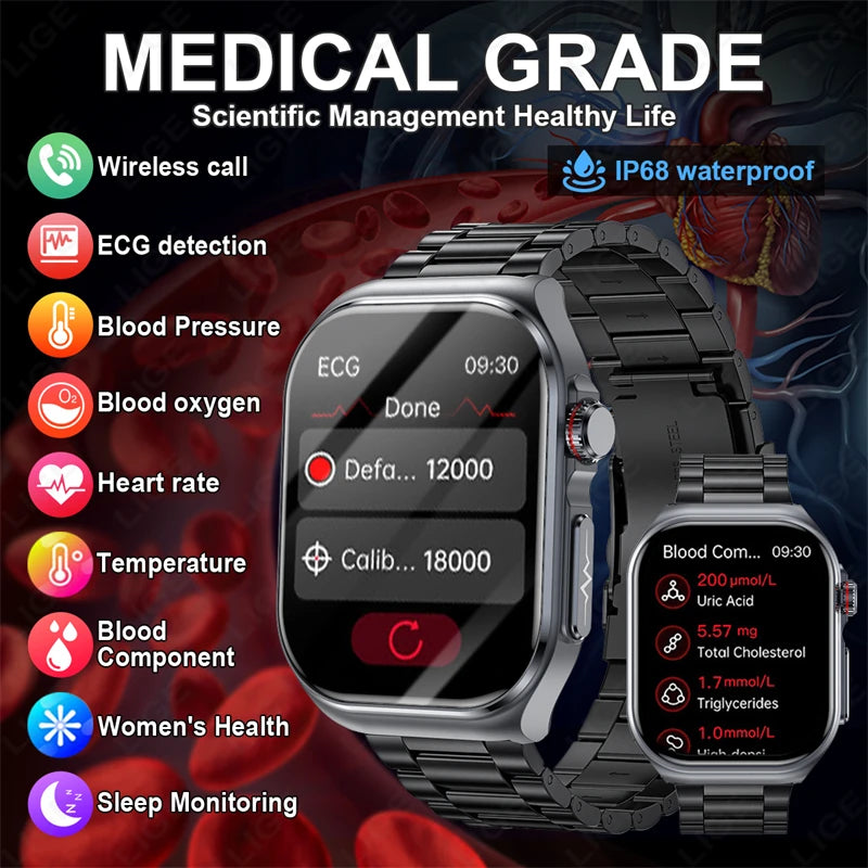 2.04" AI Medical Smartwatch, Blood Lipids, Uric Acid, ECG+PPG, Bluetooth Call, Waterproof
