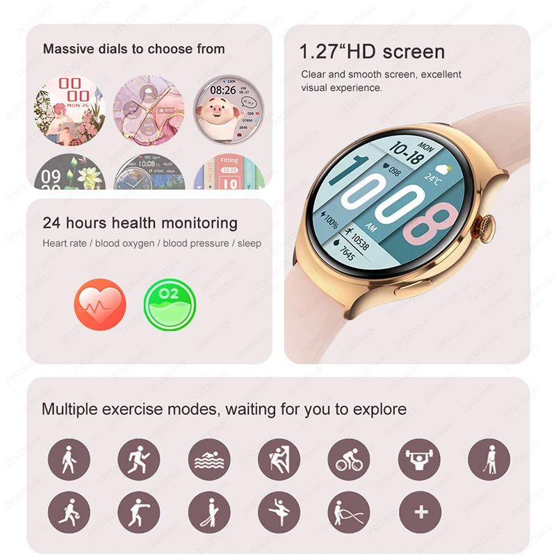 Mini AMOLED Smartwatch Women, 360*360 HD, NFC, IP68, Health & Heart Rate Monitor