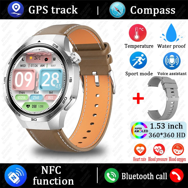 AMOLED Smartwatch for Men: Bluetooth Calls, NFC, GPS, IP68 Waterproof, 390x390 Display