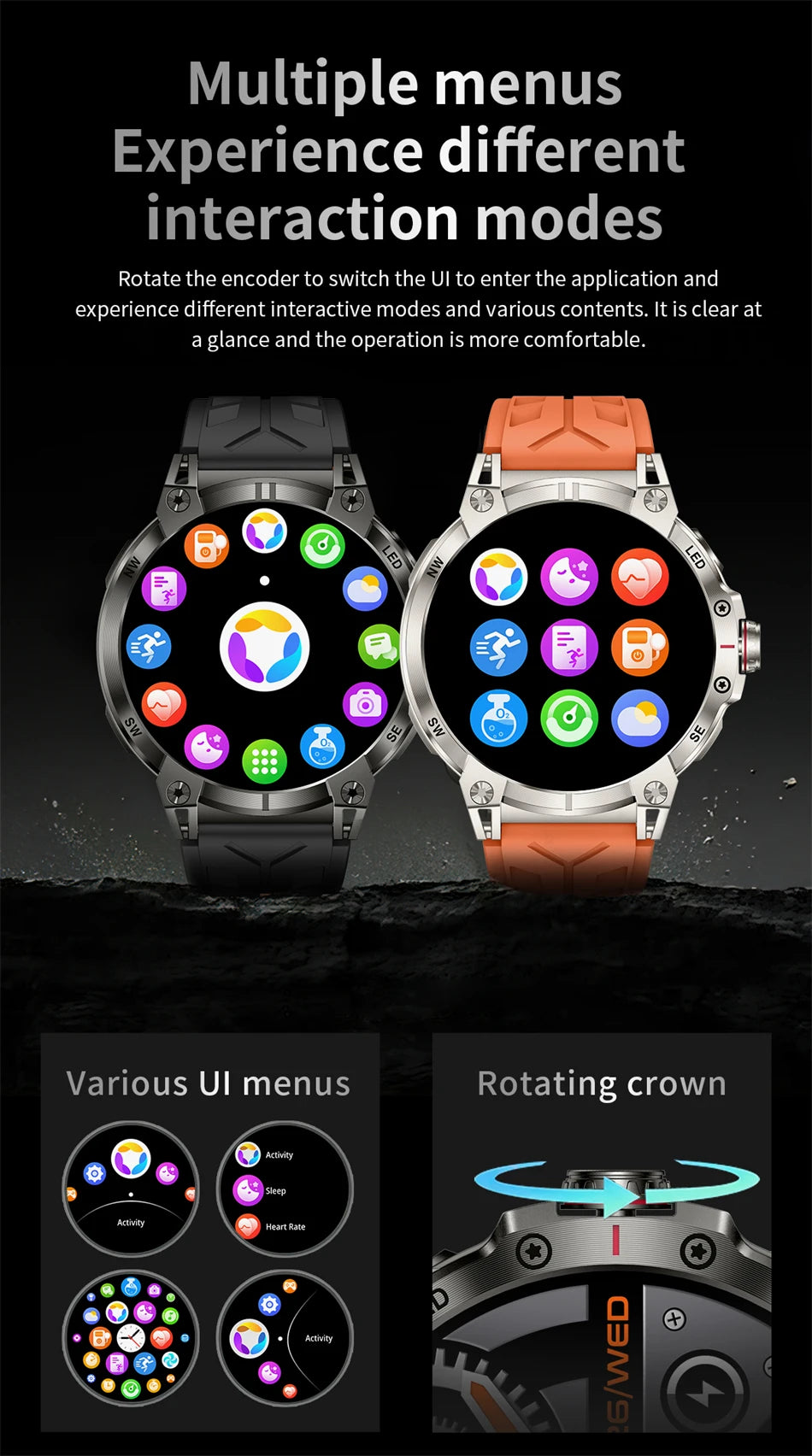 Military Smartwatch for Men - 760mAh, Compass, LED Flashlight, 1.8" HD, Waterproof