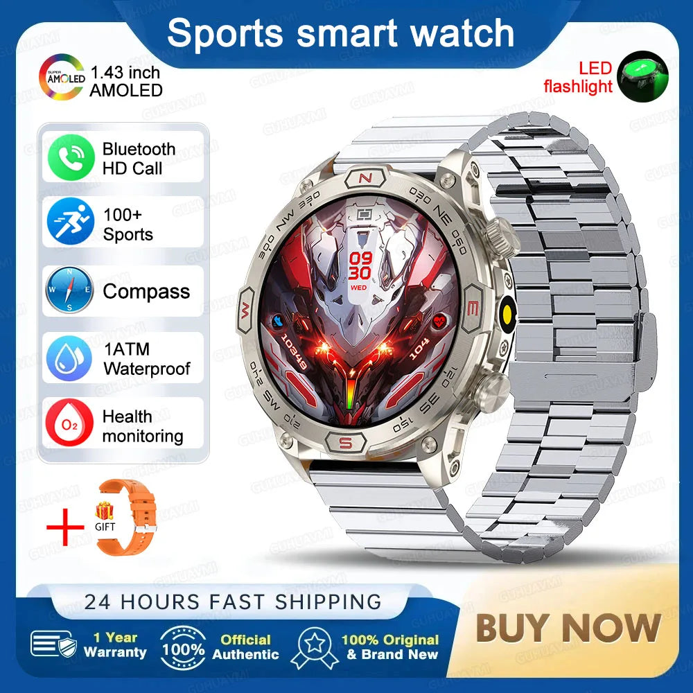2025 Smart Watch - 1.43'' AMOLED, GPS, Fitness Tracker, BT 5.3, LED Lights, Compass