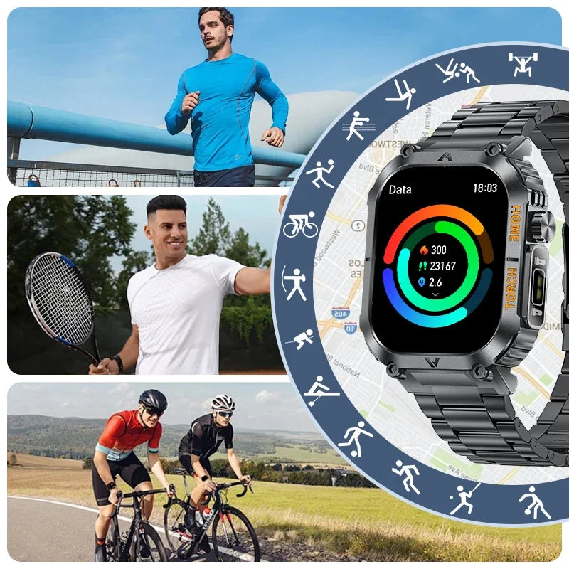 LIGE Military Men Smart Watch 2.02'' HD Screen LED Flashlight Compass Watches 3ATM Waterproof Outdoor Sports Smartwatch 2025 New