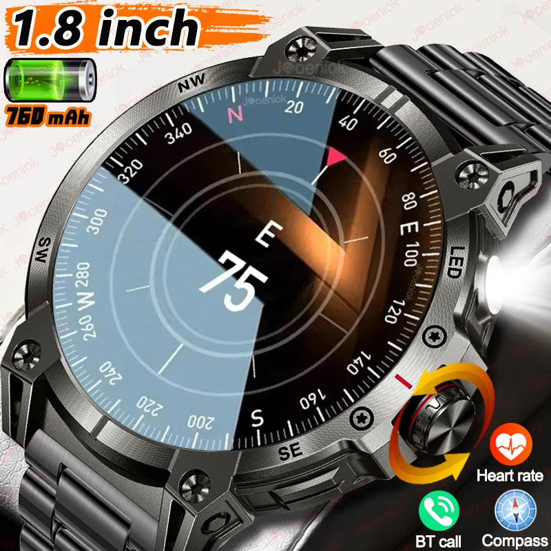 Military Smartwatch for Men - 760mAh, Compass, LED Flashlight, 1.8" HD, Waterproof