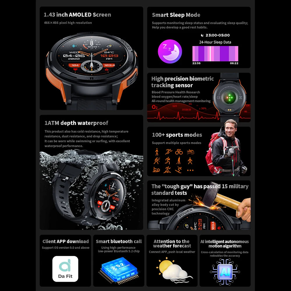 1.43" AMOLED Bluetooth Call Smartwatch | Heart Rate, Waterproof, Fitness Tracking for Android & iOS