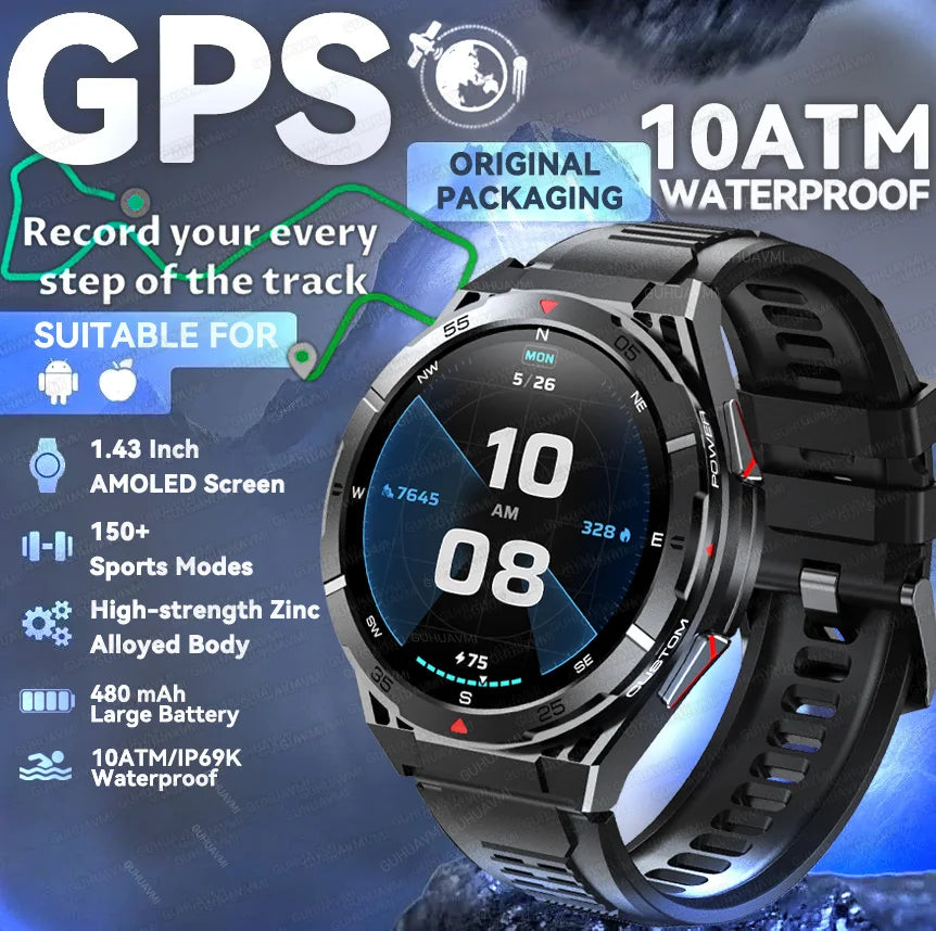 GPS Outdoor Smartwatch: 1.43" AMOLED, Heart Rate Monitor, Bluetooth Calling, IP69K Waterproof