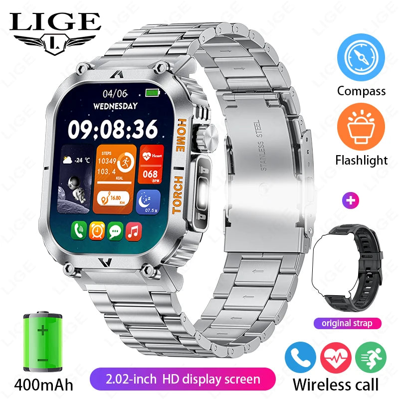 LIGE Military Men Smart Watch 2.02'' HD Screen LED Flashlight Compass Watches 3ATM Waterproof Outdoor Sports Smartwatch 2025 New