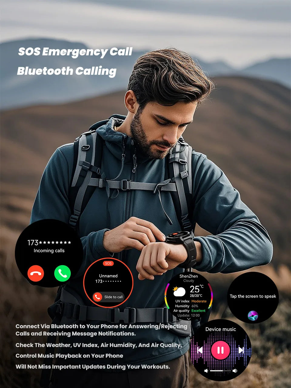 GPS Outdoor Smartwatch: 1.43" AMOLED, Heart Rate Monitor, Bluetooth Calling, IP69K Waterproof