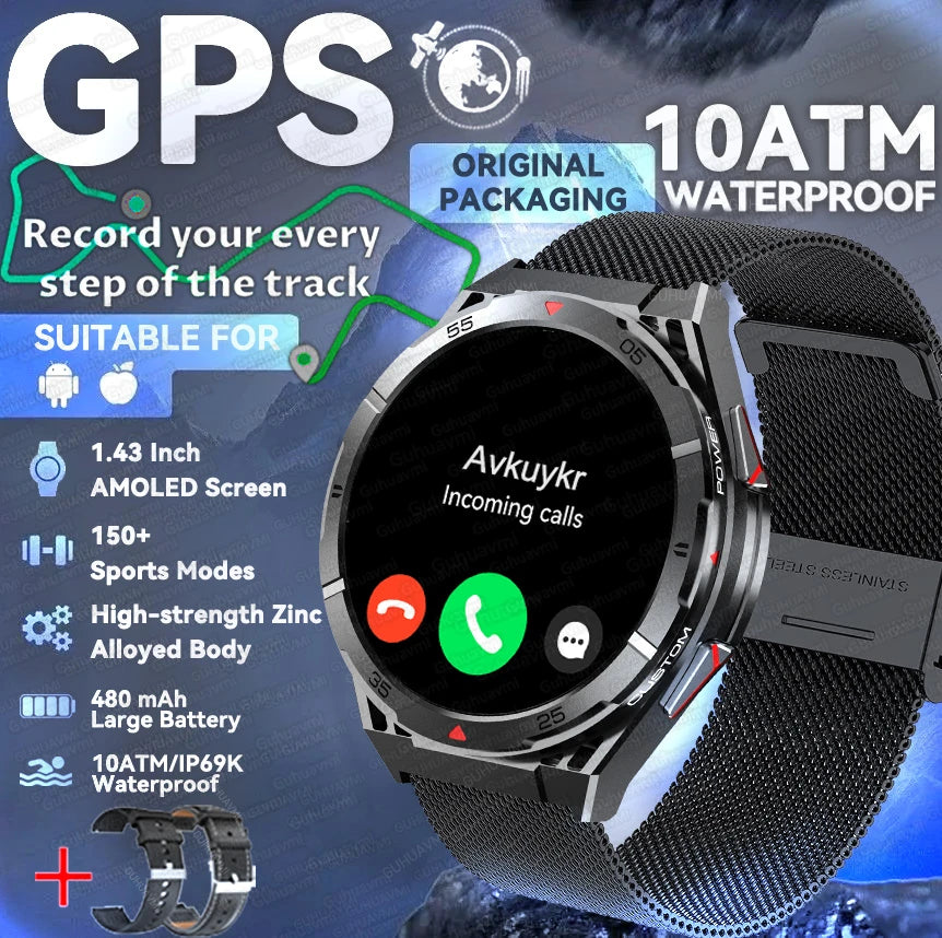 GPS Outdoor Smartwatch: 1.43" AMOLED, Heart Rate Monitor, Bluetooth Calling, IP69K Waterproof
