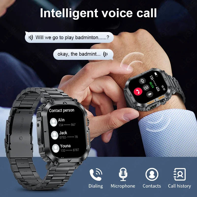 LIGE Military Men Smart Watch 2.02'' HD Screen LED Flashlight Compass Watches 3ATM Waterproof Outdoor Sports Smartwatch 2025 New