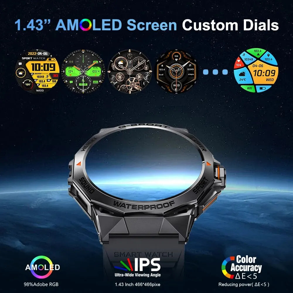 1.43” AMOLED Bluetooth Call Smart Watch for Men, Fitness Tracker, IP68 Waterproof