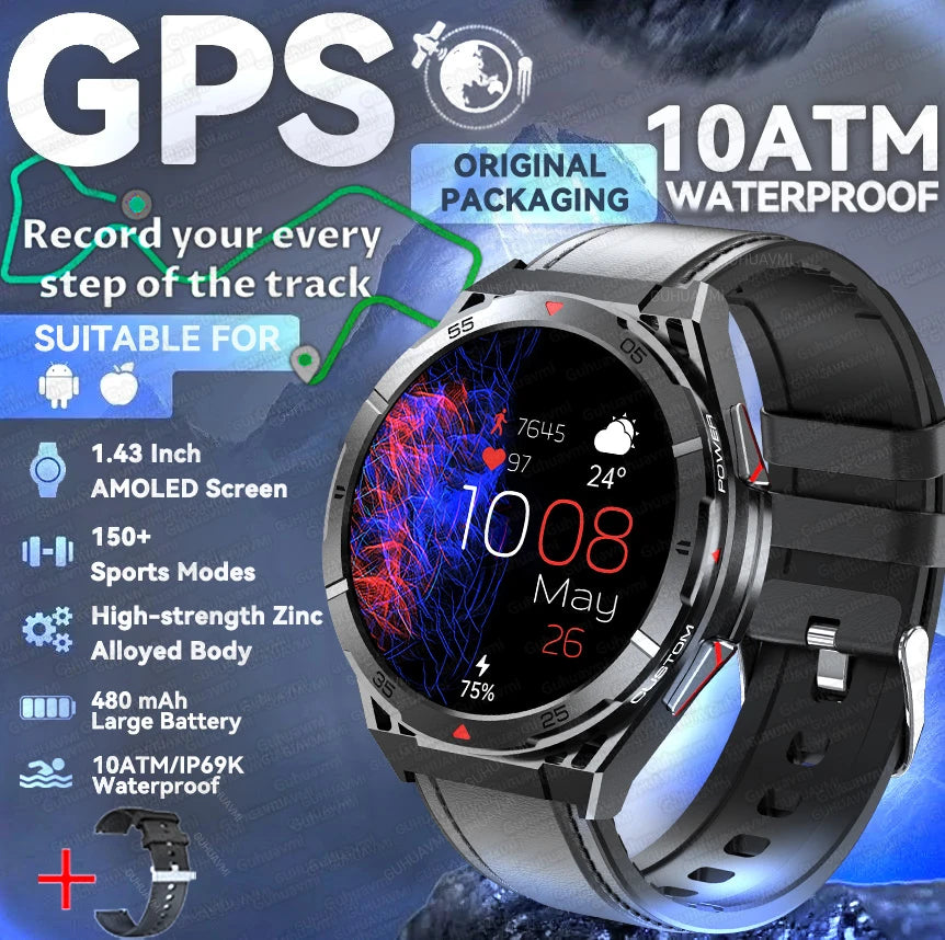 GPS Outdoor Smartwatch: 1.43" AMOLED, Heart Rate Monitor, Bluetooth Calling, IP69K Waterproof