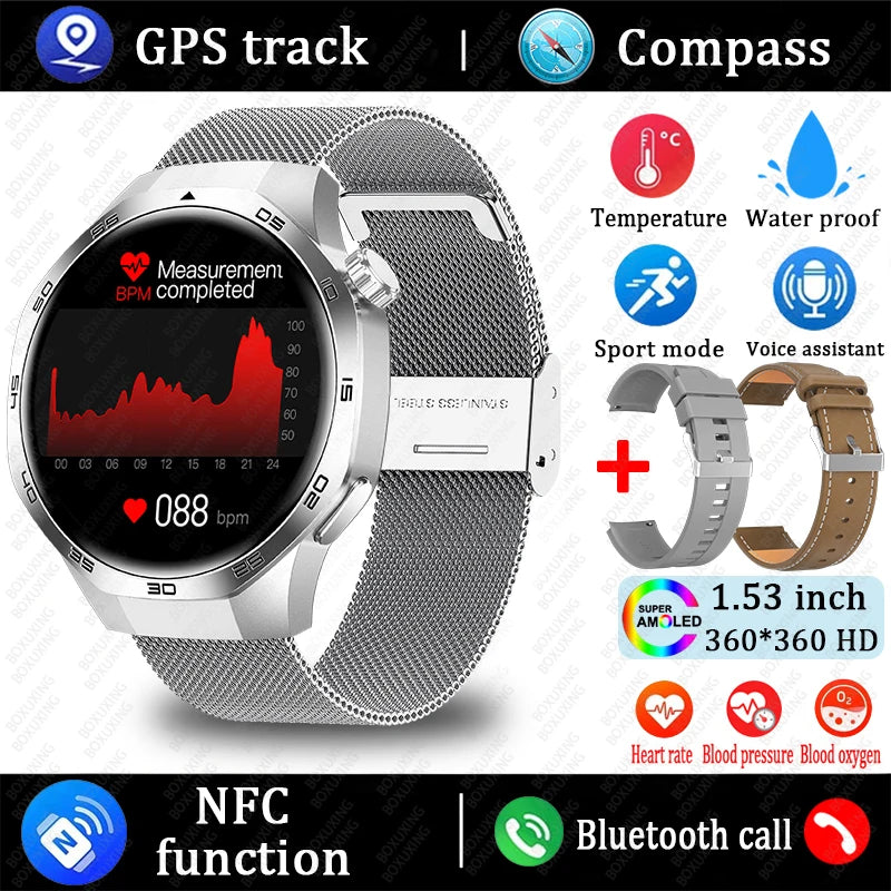 AMOLED Smartwatch for Men: Bluetooth Calls, NFC, GPS, IP68 Waterproof, 390x390 Display