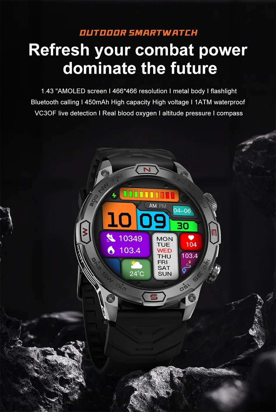 2025 Smart Watch - 1.43'' AMOLED, GPS, Fitness Tracker, BT 5.3, LED Lights, Compass