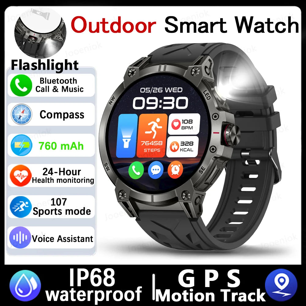 Military Smartwatch for Men - 760mAh, Compass, LED Flashlight, 1.8" HD, Waterproof