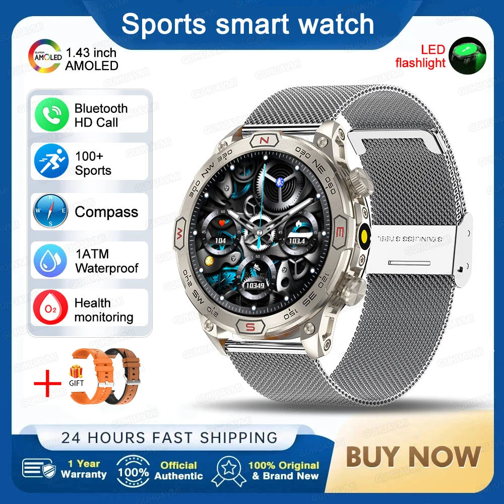2025 Smart Watch - 1.43'' AMOLED, GPS, Fitness Tracker, BT 5.3, LED Lights, Compass