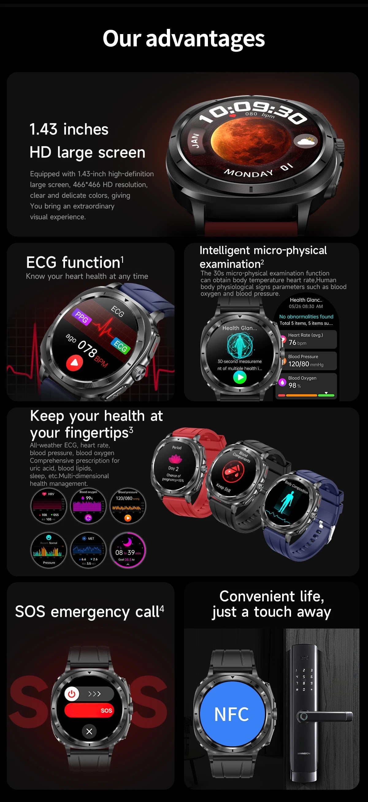 2025 AI Health Smartwatch: ECG, Blood Monitoring, HRV, NFC, Bluetooth Calls, Men's Fitness Tracker