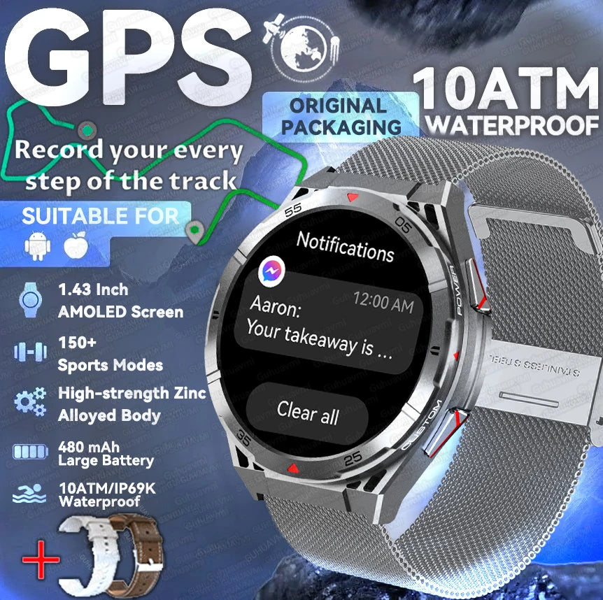 GPS Outdoor Smartwatch: 1.43" AMOLED, Heart Rate Monitor, Bluetooth Calling, IP69K Waterproof