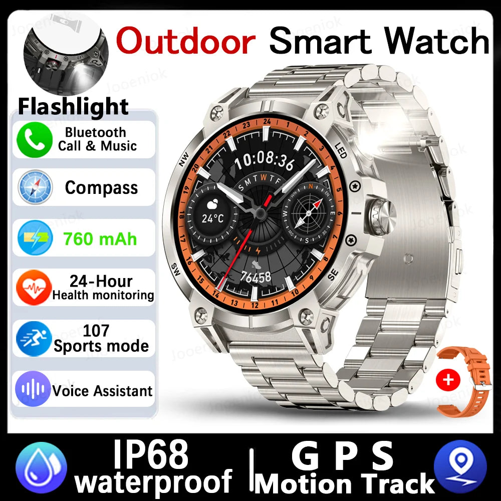 Military Smartwatch for Men - 760mAh, Compass, LED Flashlight, 1.8" HD, Waterproof