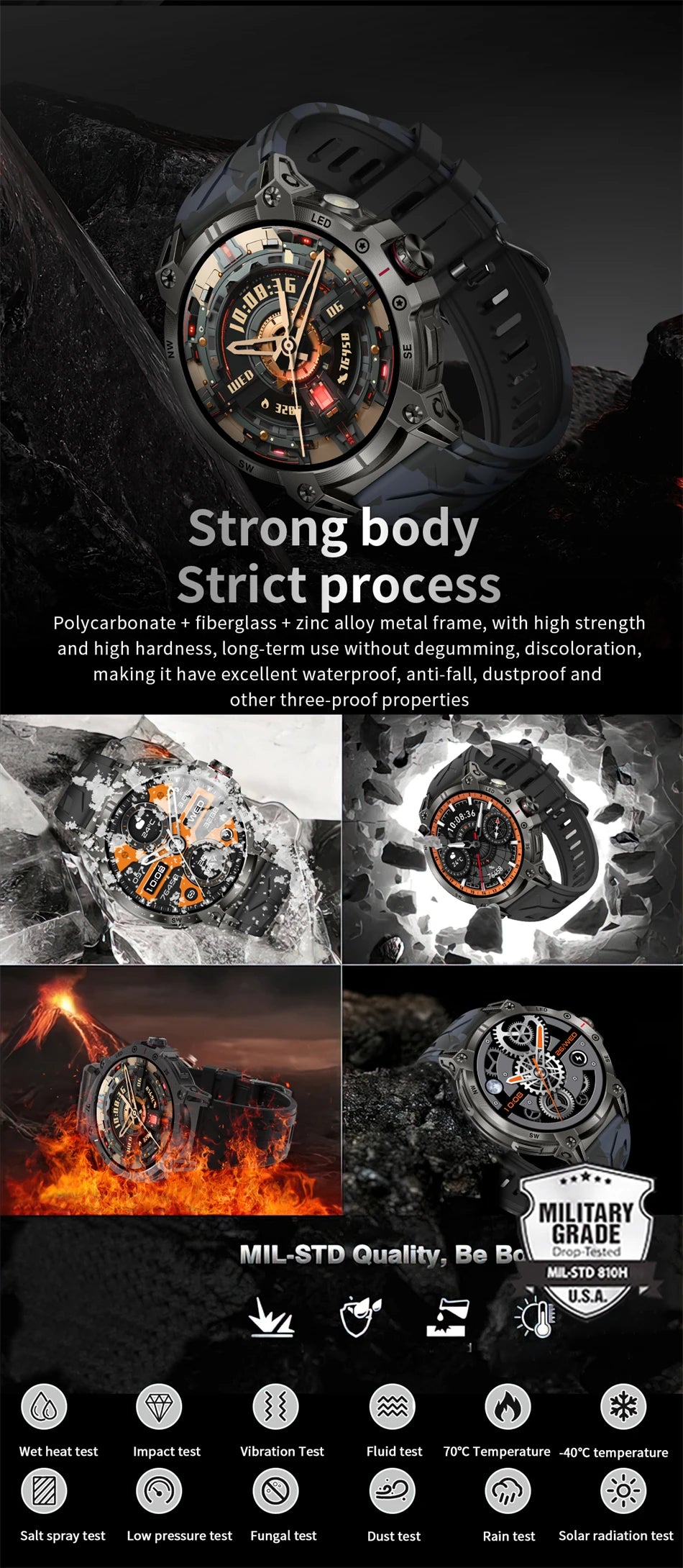 Military Smartwatch for Men - 760mAh, Compass, LED Flashlight, 1.8" HD, Waterproof