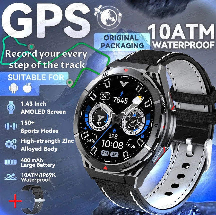 GPS Outdoor Smartwatch: 1.43" AMOLED, Heart Rate Monitor, Bluetooth Calling, IP69K Waterproof