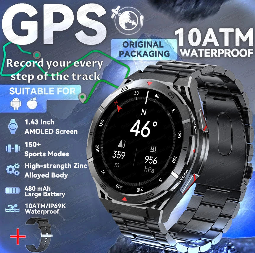 GPS Outdoor Smartwatch: 1.43" AMOLED, Heart Rate Monitor, Bluetooth Calling, IP69K Waterproof