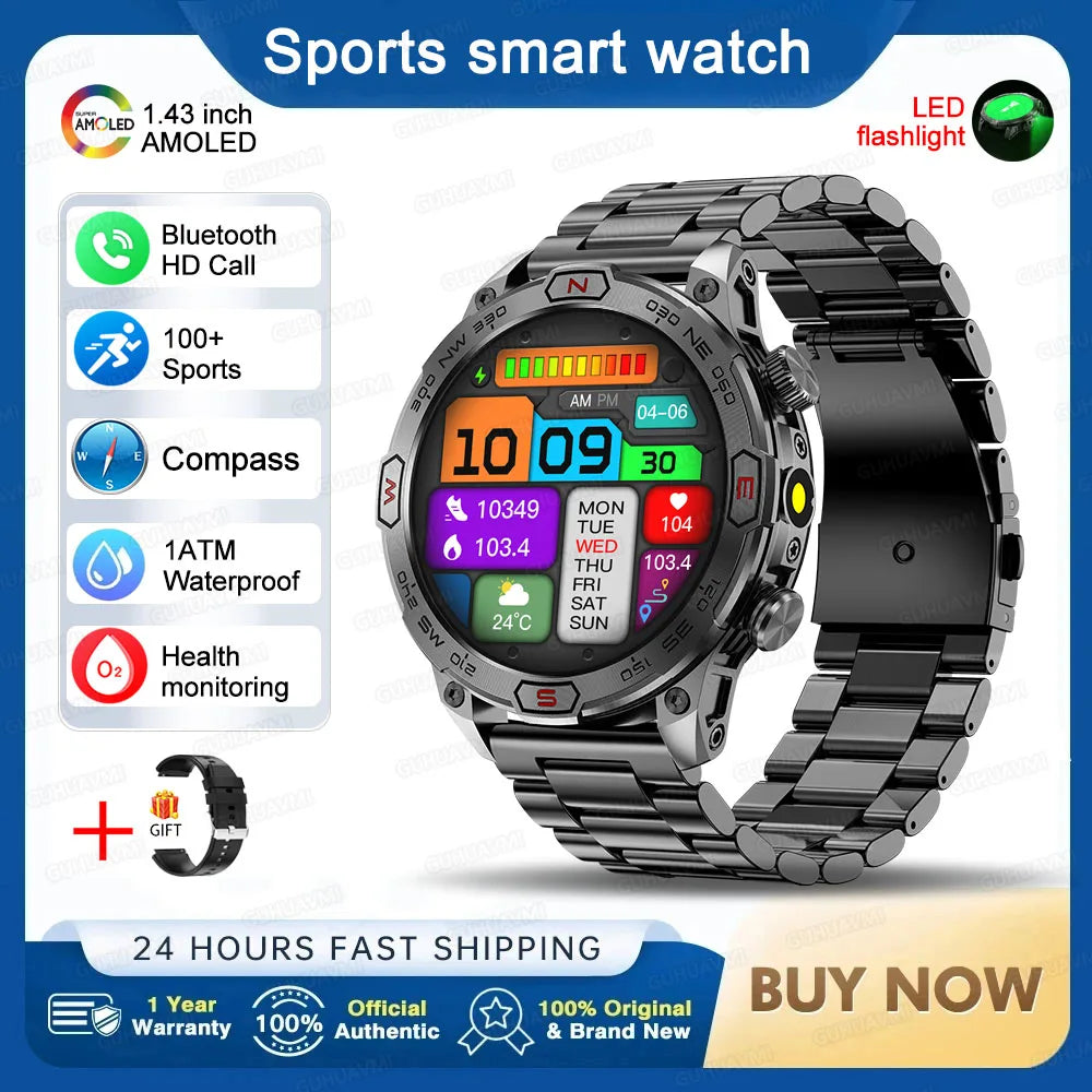 2025 Smart Watch - 1.43'' AMOLED, GPS, Fitness Tracker, BT 5.3, LED Lights, Compass