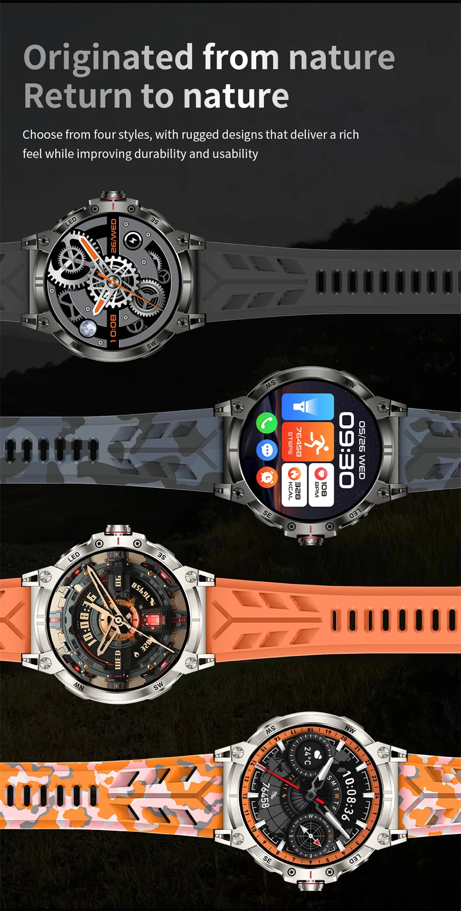 Military Smartwatch for Men - 760mAh, Compass, LED Flashlight, 1.8" HD, Waterproof