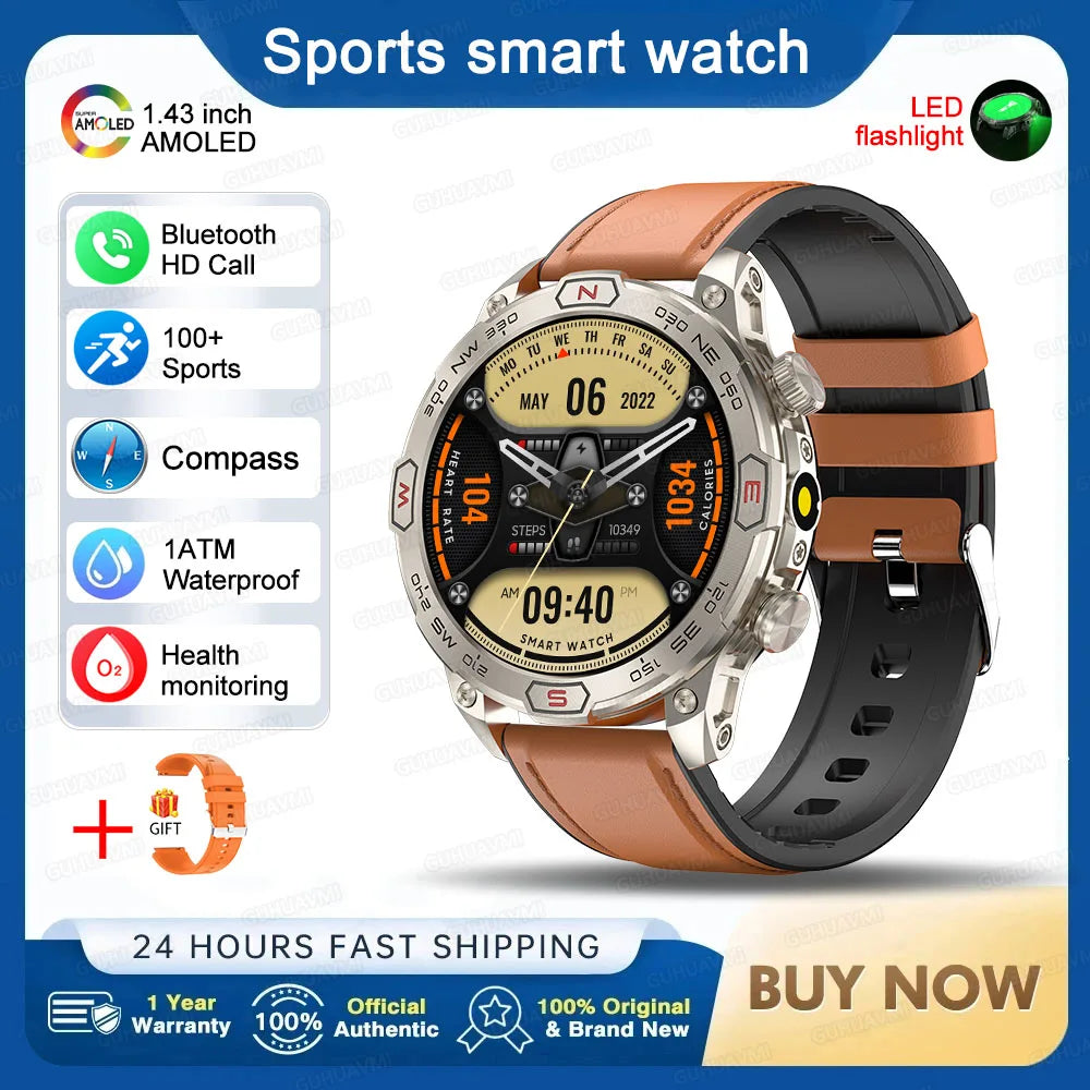 2025 Smart Watch - 1.43'' AMOLED, GPS, Fitness Tracker, BT 5.3, LED Lights, Compass