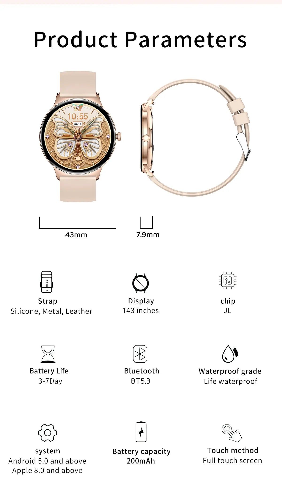 Ultra-Thin 1.43" Smart Watch HD AMOLED Screen Wireless Calling 100+ Sports Modes