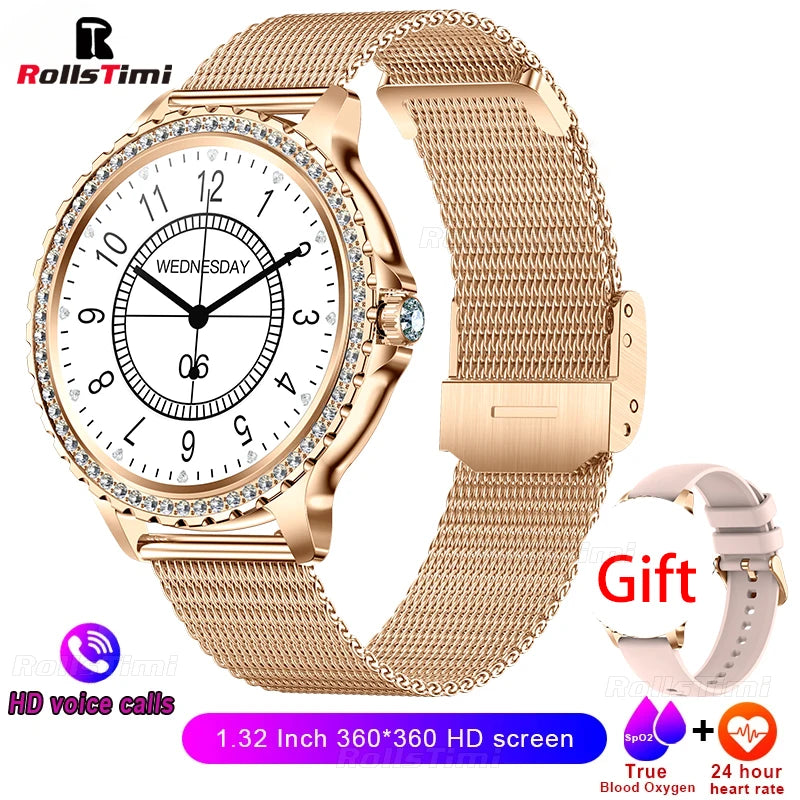 Gold Luxury Women's Smartwatch | 1.32" HD AMOLED Screen, Voice Call & Fitness Tracker