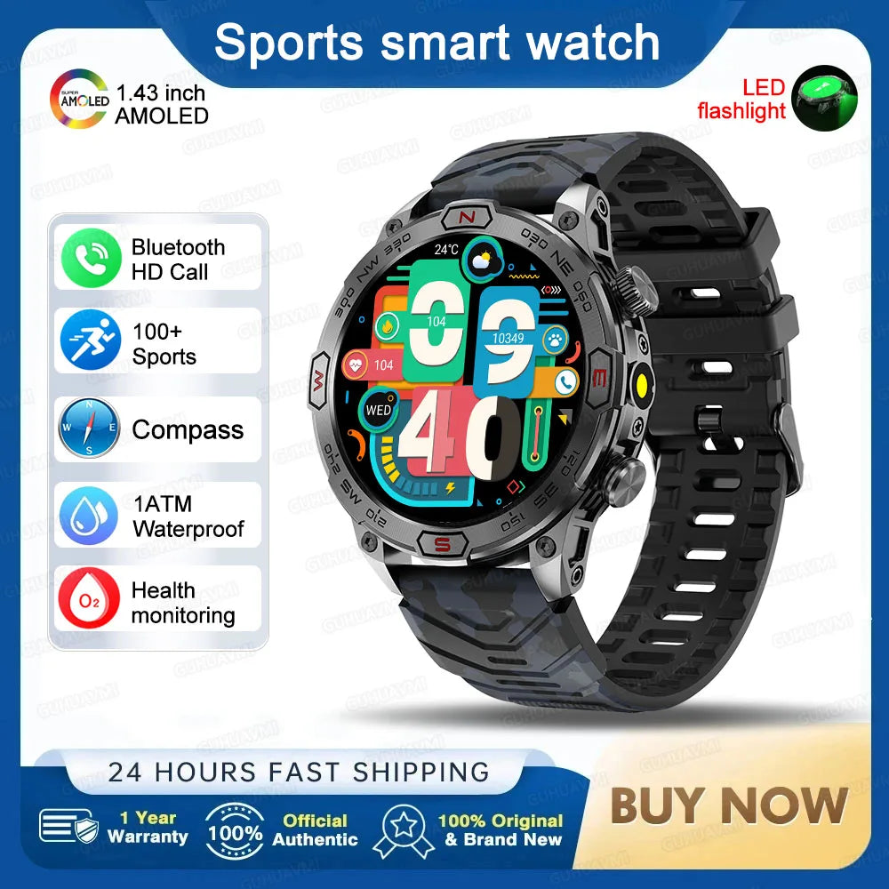 2025 Smart Watch - 1.43'' AMOLED, GPS, Fitness Tracker, BT 5.3, LED Lights, Compass