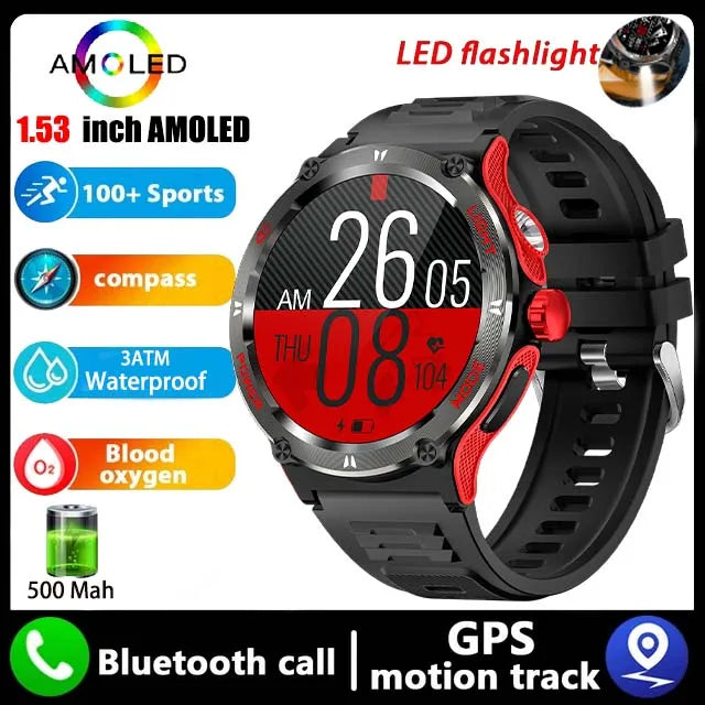 Rugged Military Smartwatch for Men: GPS, 500mAh Battery, Fitness Tracker, 3ATM Waterproof